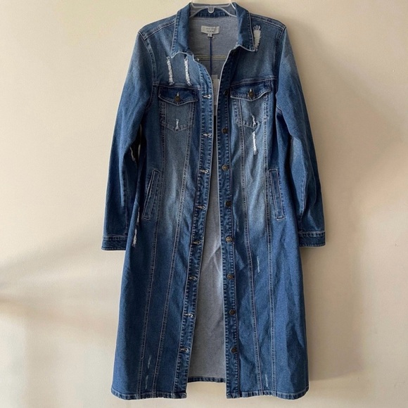 Blue Medium Wash Button-up  Midi Distressed Denim Jacket Dress - Picture 8 of 11